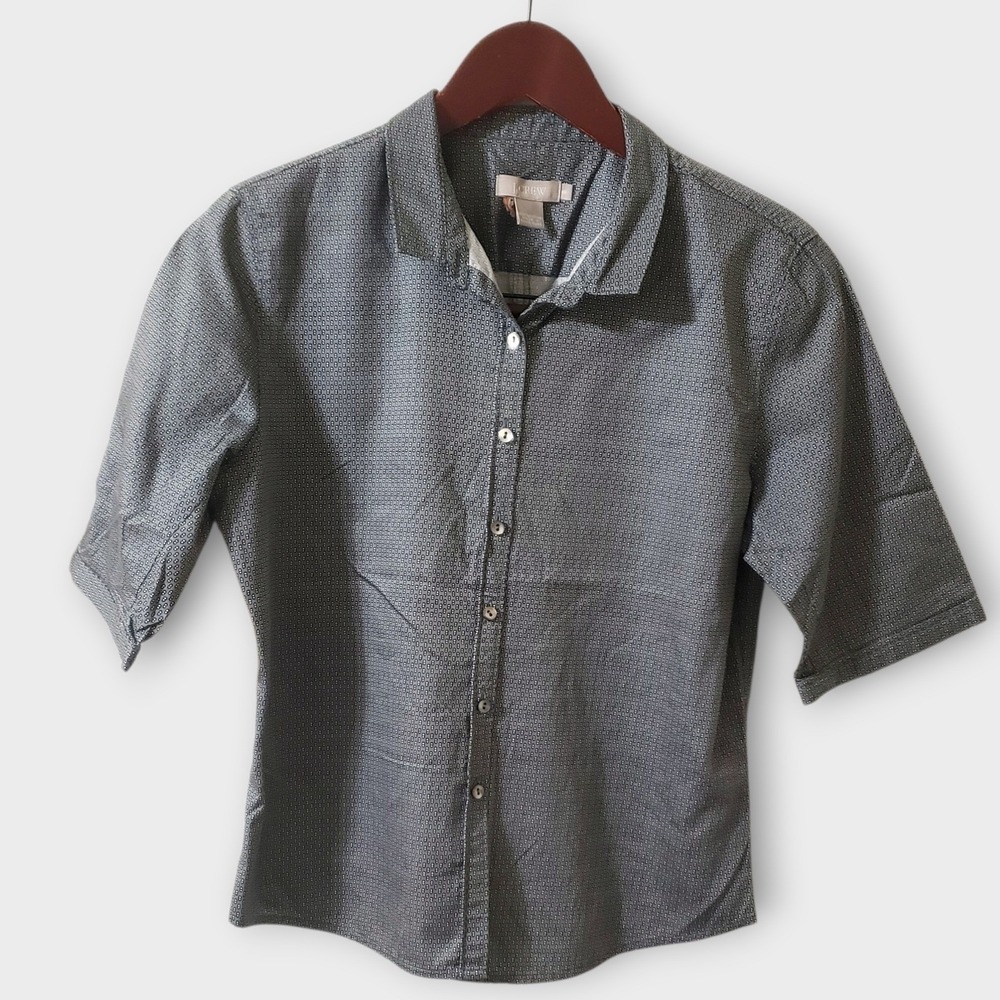 J. Crew Womens Geometric Micro-Print Short Sleeve Button Down Shirt Grey Sz 8